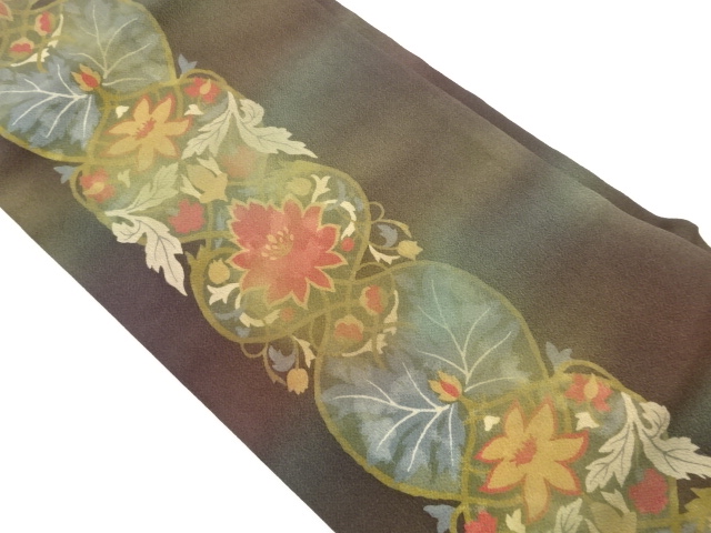 JAPANESE NAGOYA OBI / CHIRIMEN / FLOWER ARABESQUE